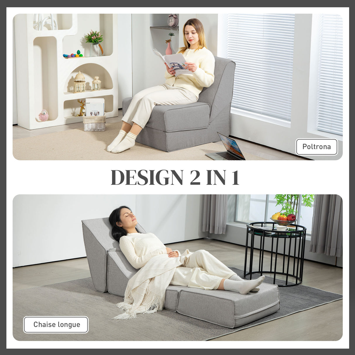 easycomfort easycomfort poltrona moderna da pavimento convertibile in chaise longue in tessuto grigio chiaro