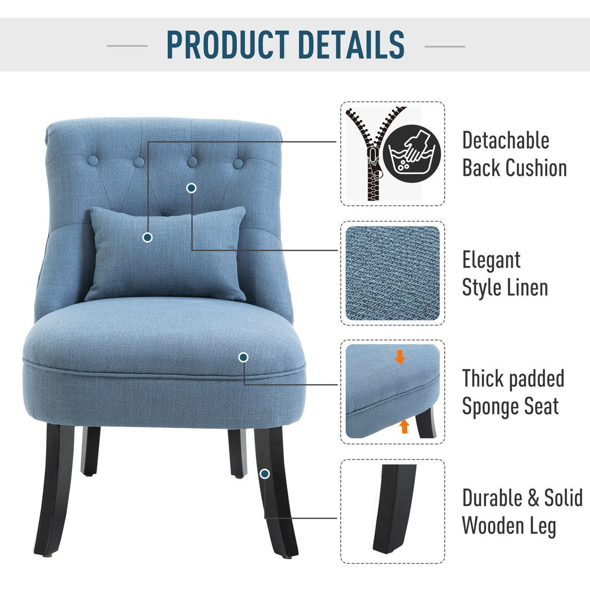 easycomfort easycomfort poltrona per salotto imbottita con cuscino in tessuto effetto lino e legno 52 5x69x77 cm blu