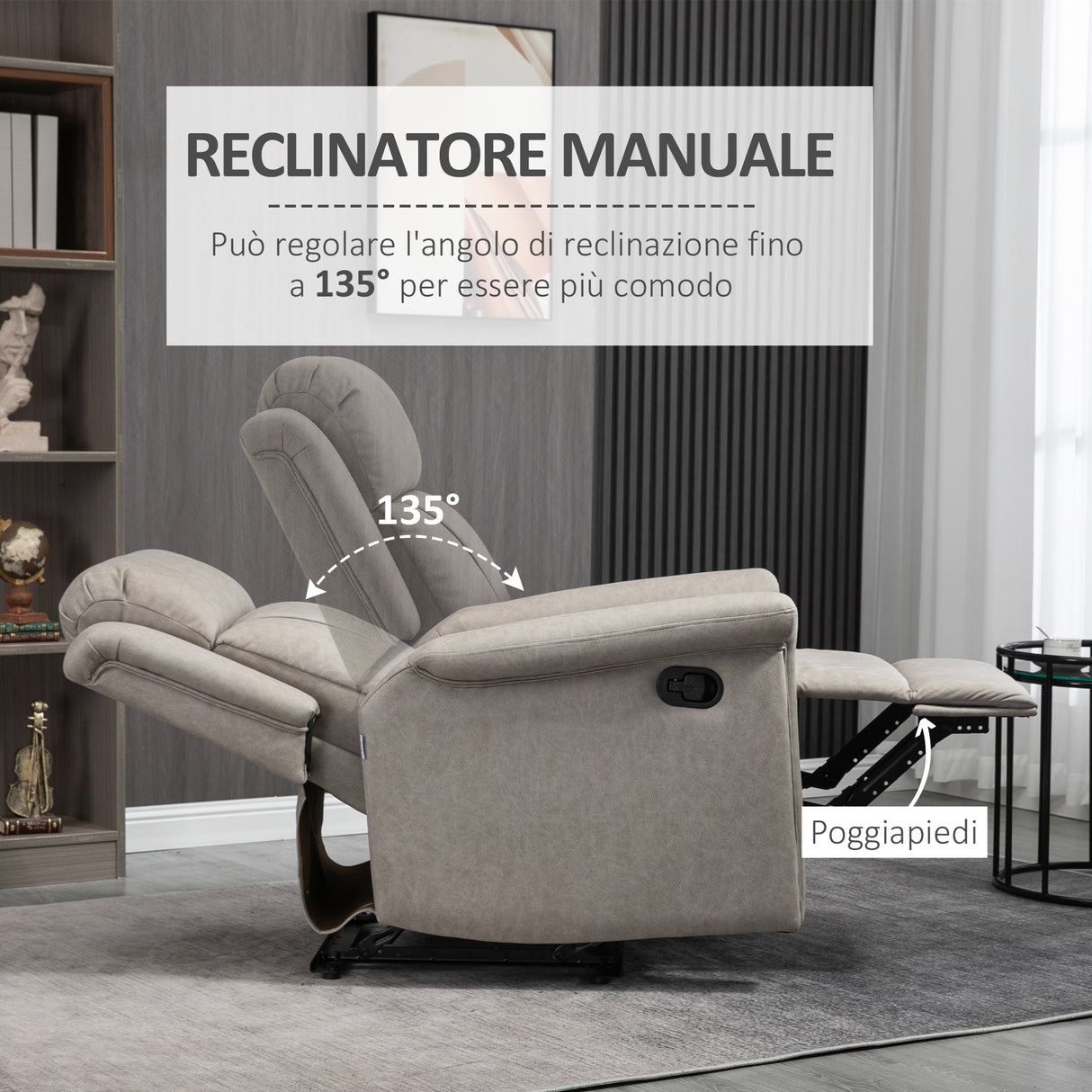easycomfort easycomfort poltrona reclinabile manualmente 135 con poggiapiedi poggiatesta e braccioli imbottiti 78x96x102 cm grigio