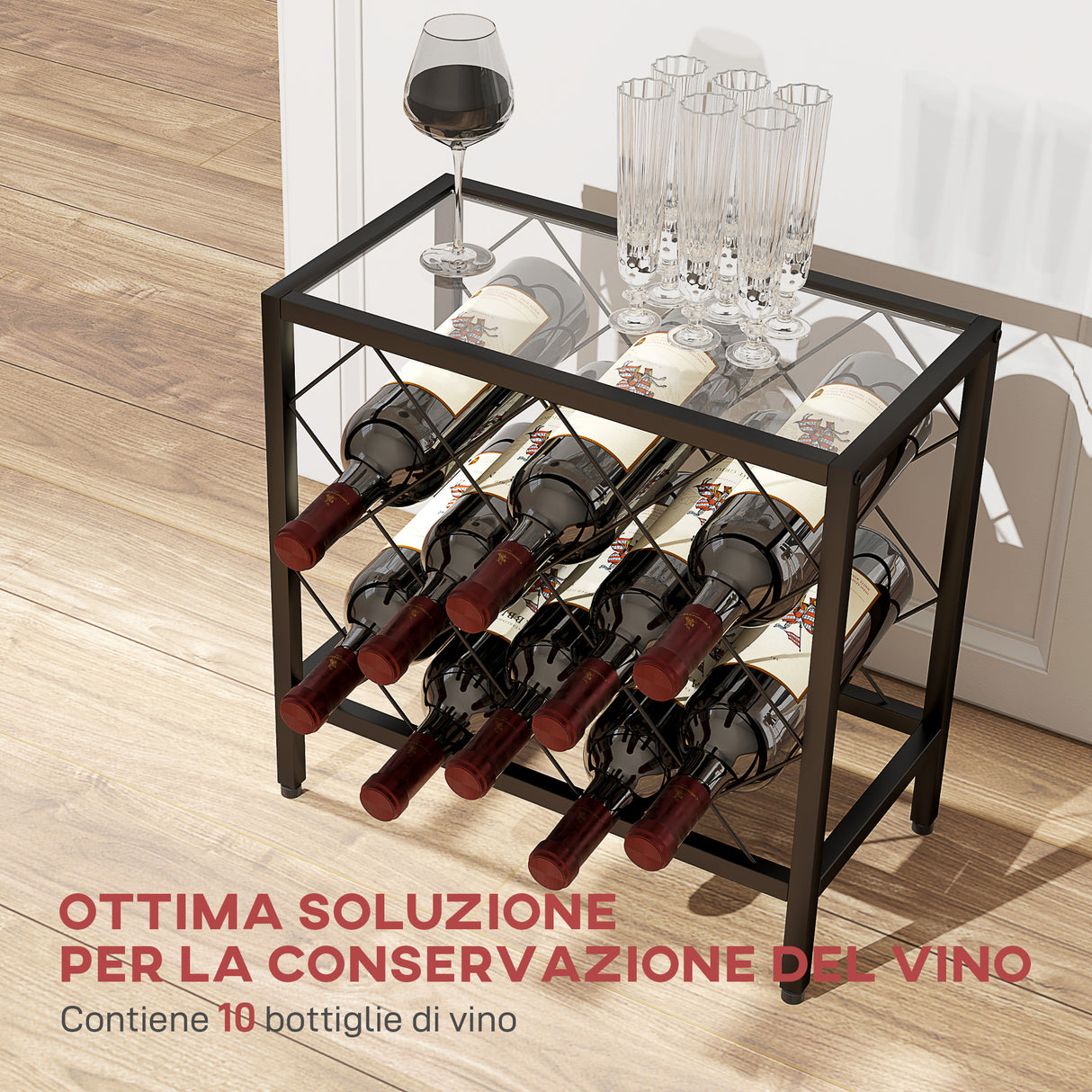 easycomfort easycomfort portabottiglie vini per 10 bottiglie in acciaio nero con piano dappoggio in vetro temperato 41x22x41 cm