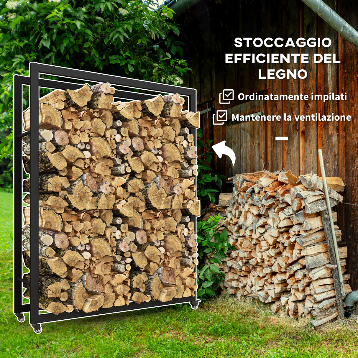 easycomfort easycomfort portalegna da esterno e interno con ruote legnaia in acciaio con capacita 0 43m 120x32x151cm nero