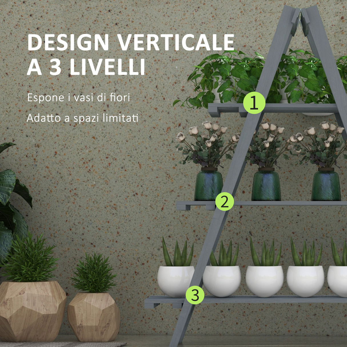 easycomfort easycomfort portapiante verticale 3 livelli a doghe in legno di abete 100x36x112 cm grigio