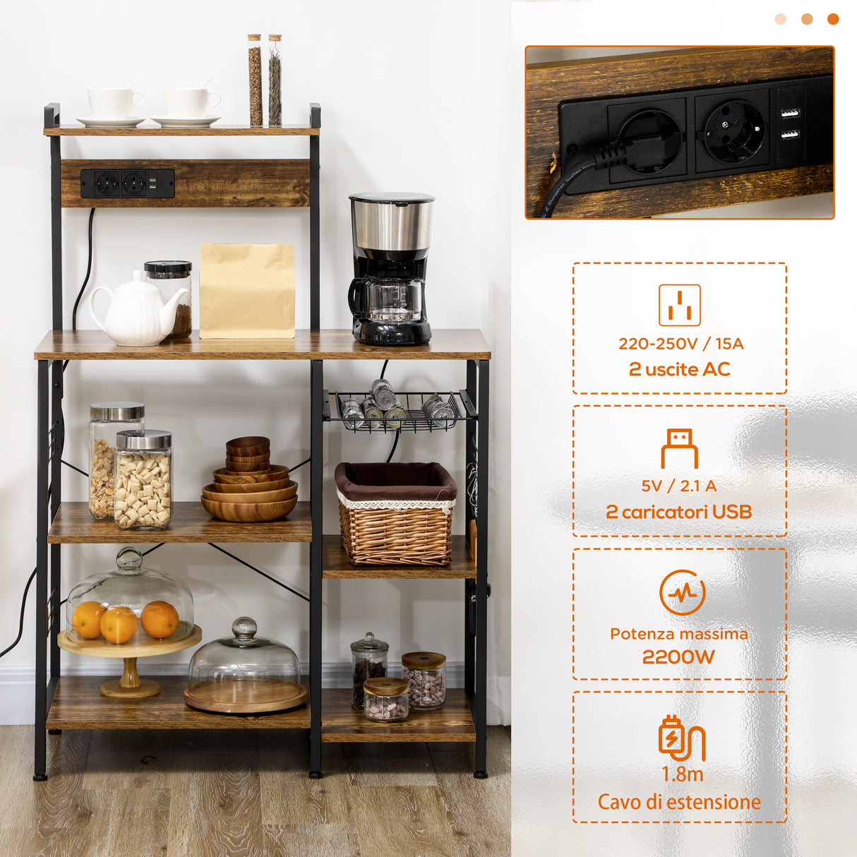 easycomfort easycomfort scaffale cucina multipresa per microonde con ripiani e cestino a rete 90x42x130cm marrone