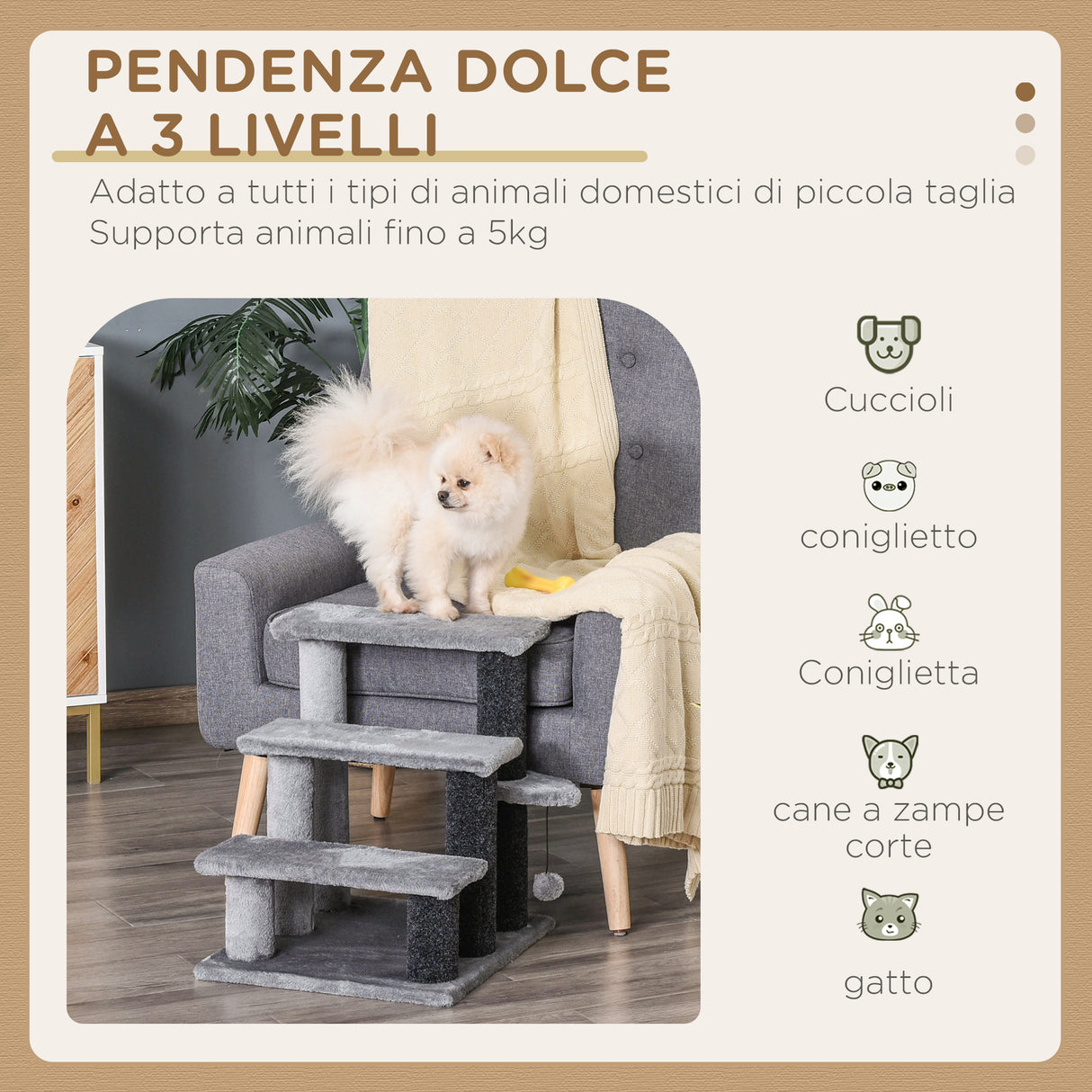 easycomfort easycomfort scaletta per gatti a 3 gradini con rivestimento in flanella e pallina 45x40x48cm grigio