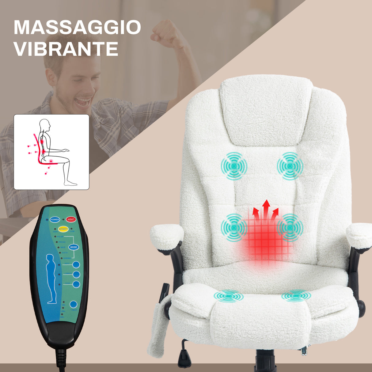 easycomfort easycomfort sedia da ufficio massaggiante e regolabile con telecomando in tessuto teddy 67x74x107 116 cm bianco