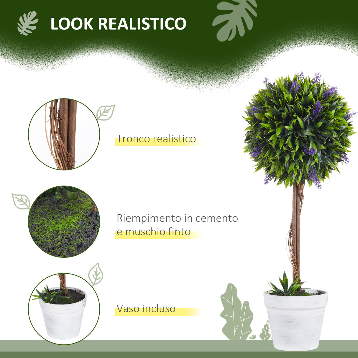 easycomfort easycomfort set 2 piante artificiali verdi a sfera con fiori di lavanda e vaso con muschio e cemento 24x60 cm