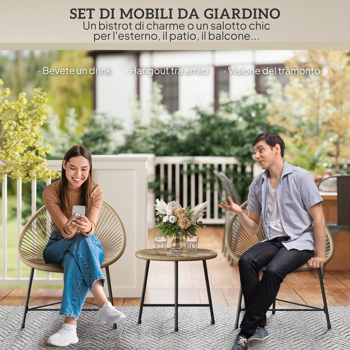 easycomfort easycomfort set da giardino 3 pezzi in rattan pe e acciaio con 2 sedie ovali e tavolino da caffe nero e color legno