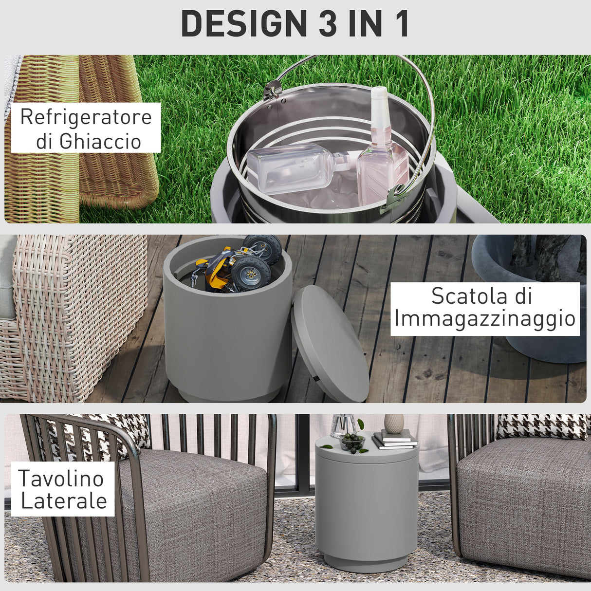 easycomfort easycomfort tavolino multiuso con secchiello ghiaccio e coperchio in cemento e acciaio inox 37 5x43 5 cm grigio chiaro