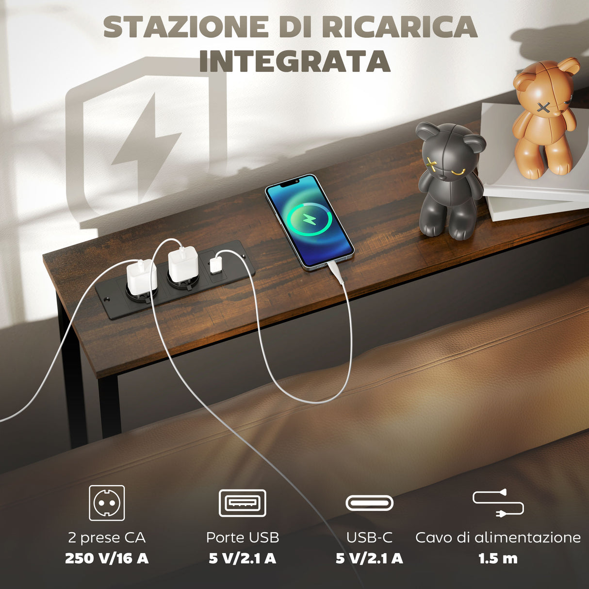 easycomfort easycomfort tavolo consolle in stile industriale con stazione di ricarica in legno e acciaio 160x20x80 cm marrone