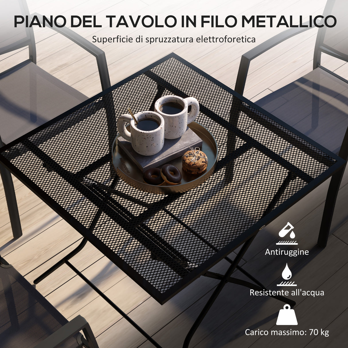 easycomfort easycomfort tavolo da giardino pieghevole quadrato con piano a rete in acciaio 80x80x74cm nero