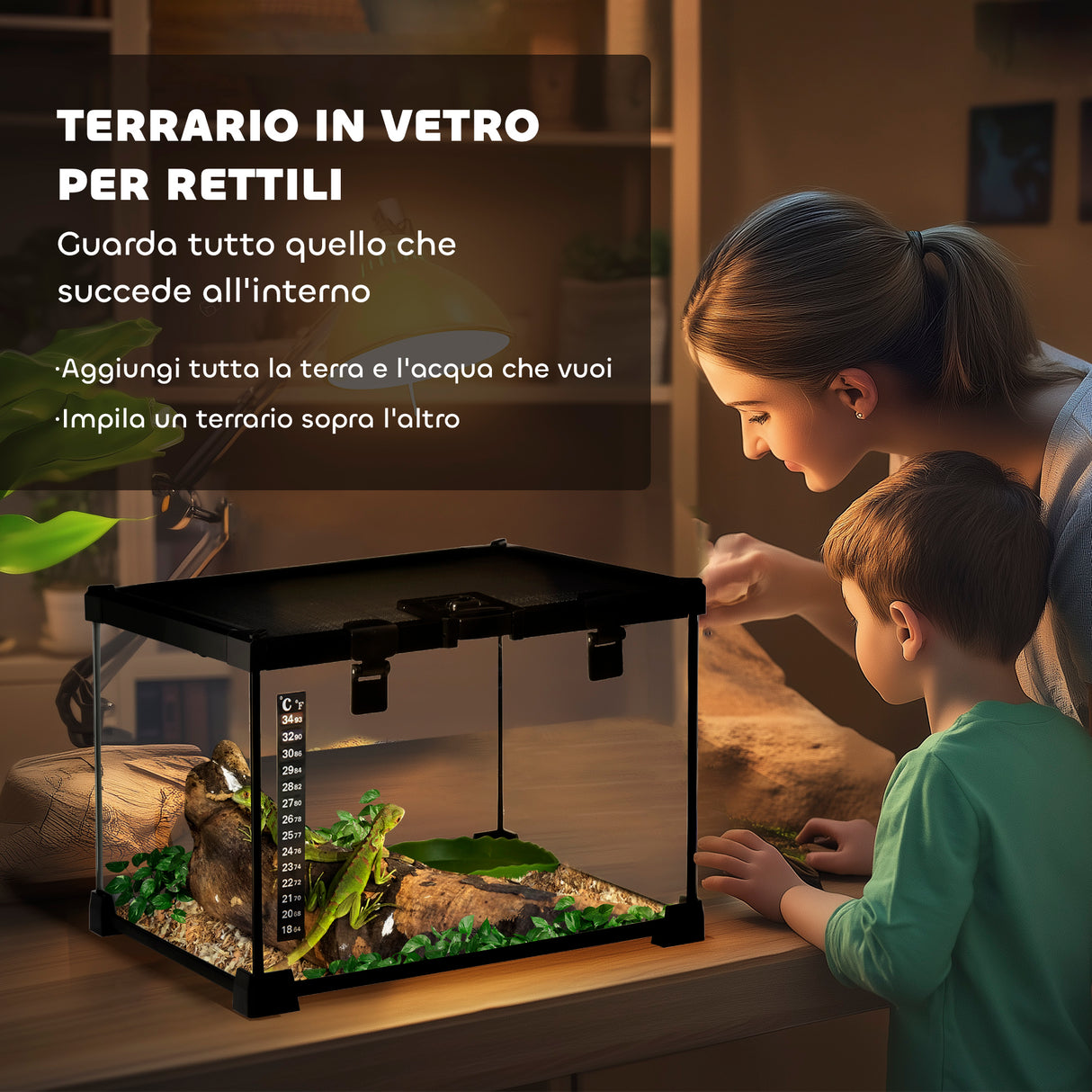 easycomfort easycomfort terrario per rettili rialzato con serratura e termometro in vetro e rete metallica 30x30x20 cm nero