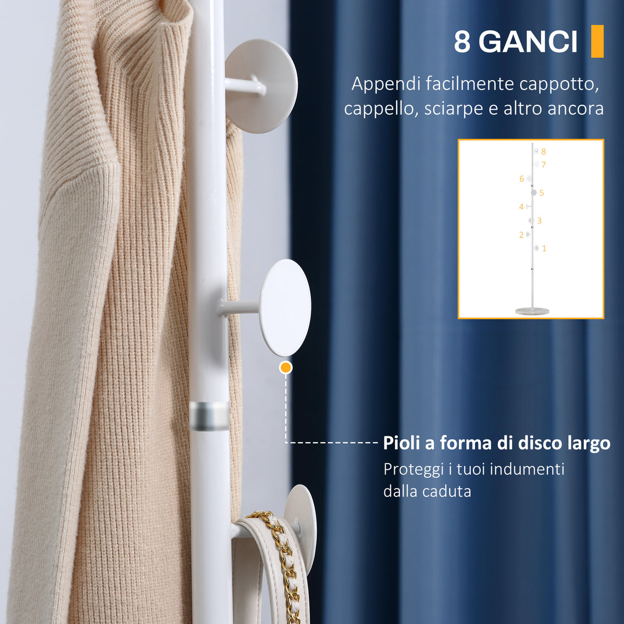 easycomfort easycomfort albero appendiabiti in acciaio con 8 ganci e base rotonda in marmo 35x35x170 cm bianco