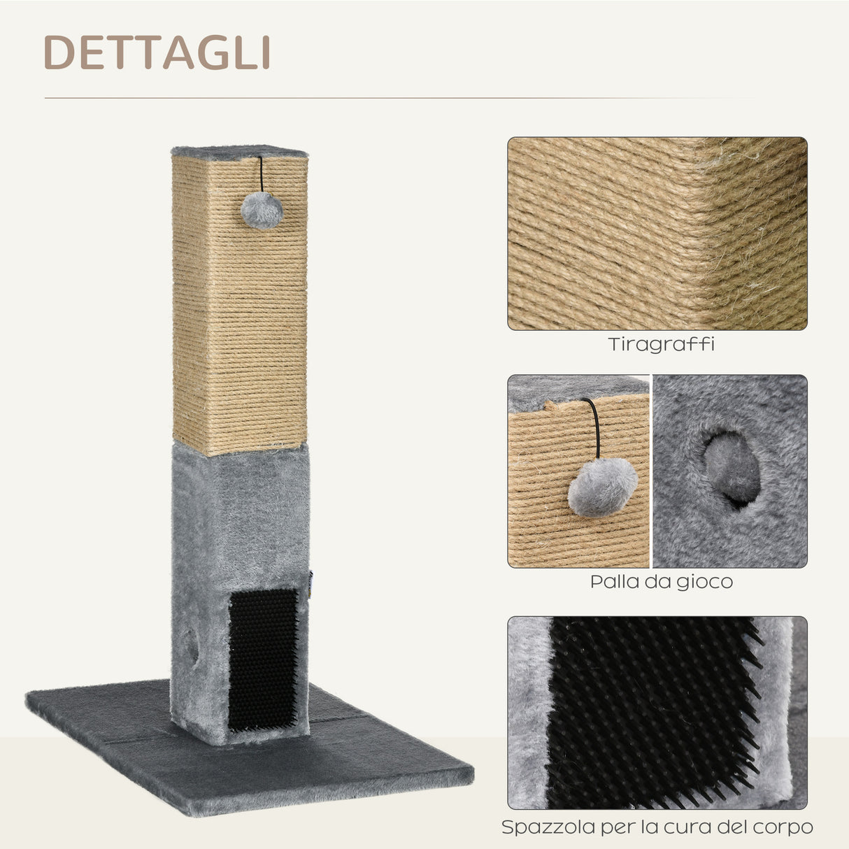 easycomfort easycomfort albero tiragraffi per gatti con 2 palline giocattolo e spazzola in legno iuta e peluche 59 5x39x79 cm grigio
