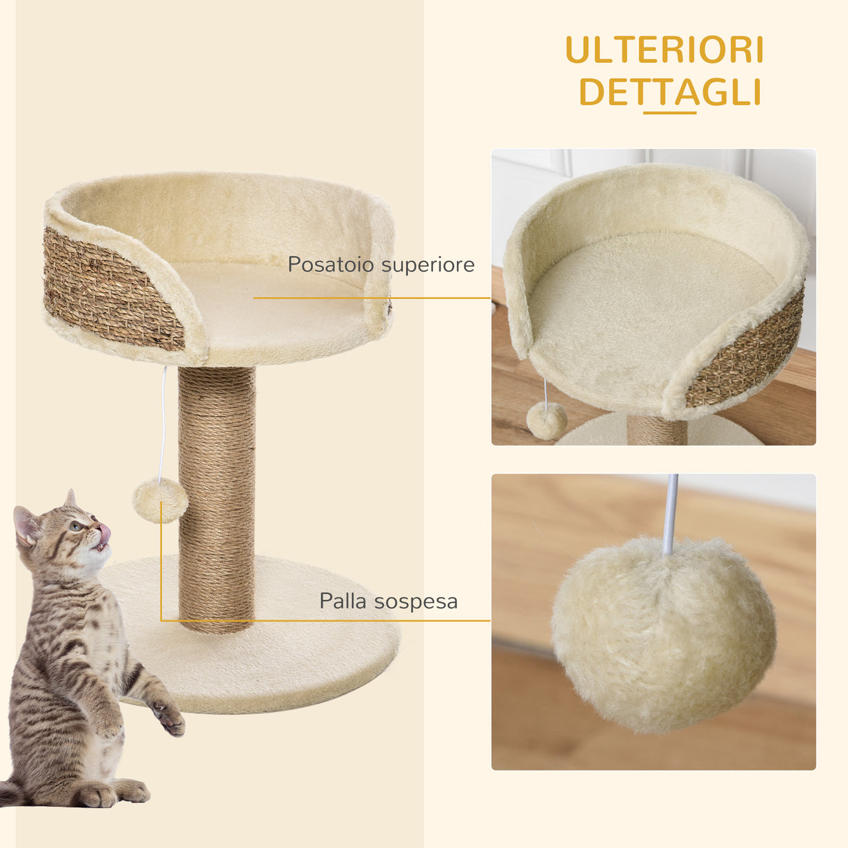 easycomfort easycomfort albero tiragraffi per gatti con lettino palo in juta e pallina appesa 40x40x49cm beige