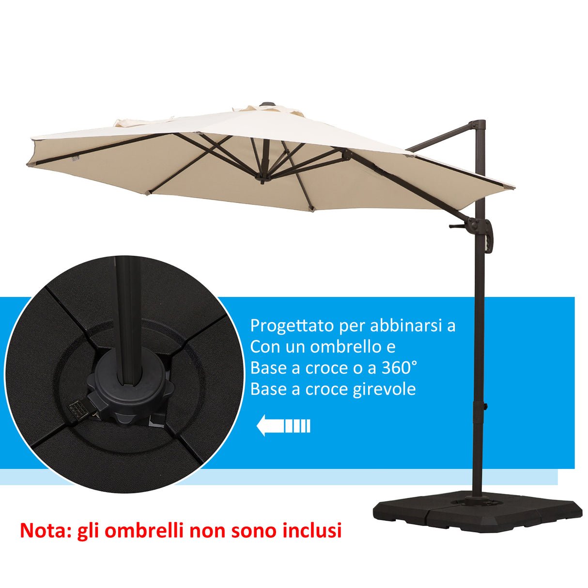 easycomfort easycomfort base per ombrellone a braccio da 4 pezzi riempibile con acqua o sabbia per basi a croce da 100x100cm nero