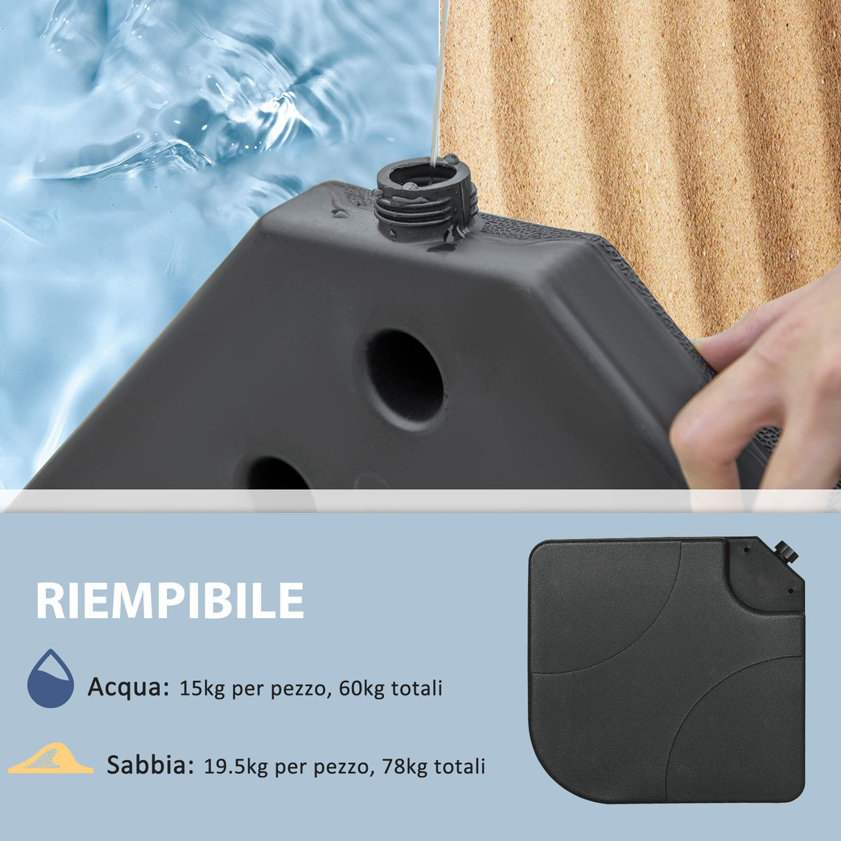 easycomfort easycomfort base per ombrellone set 4 pezzi in hdpe riempibile con acqua o sabbia 104x104x7 5 cm nera