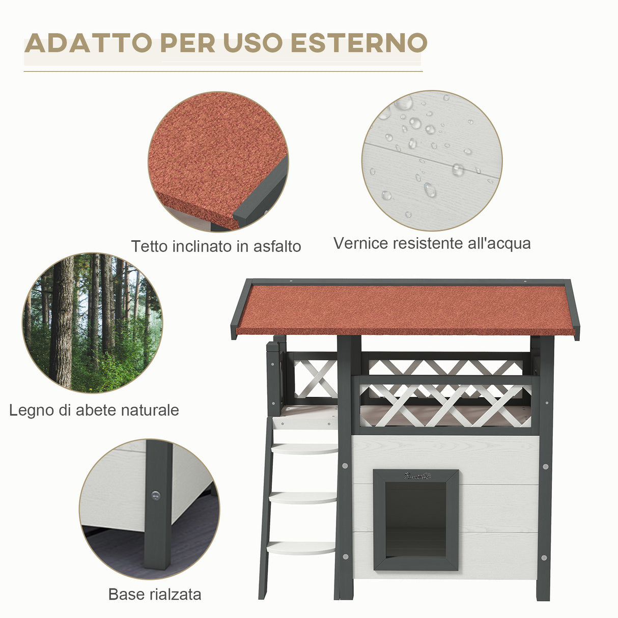 easycomfort easycomfort casetta per gatti da esterno con terrazza e scaletta in legno 77x50x73cm bianco e grigio