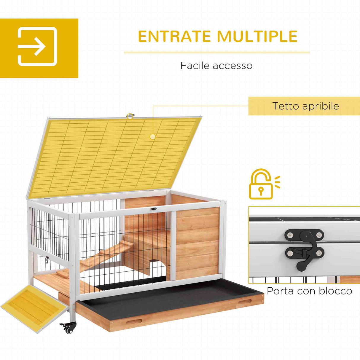 easycomfort easycomfort conigliera in legno con 4 ruote casetta per conigli e rampa 90x53x59cm giallo