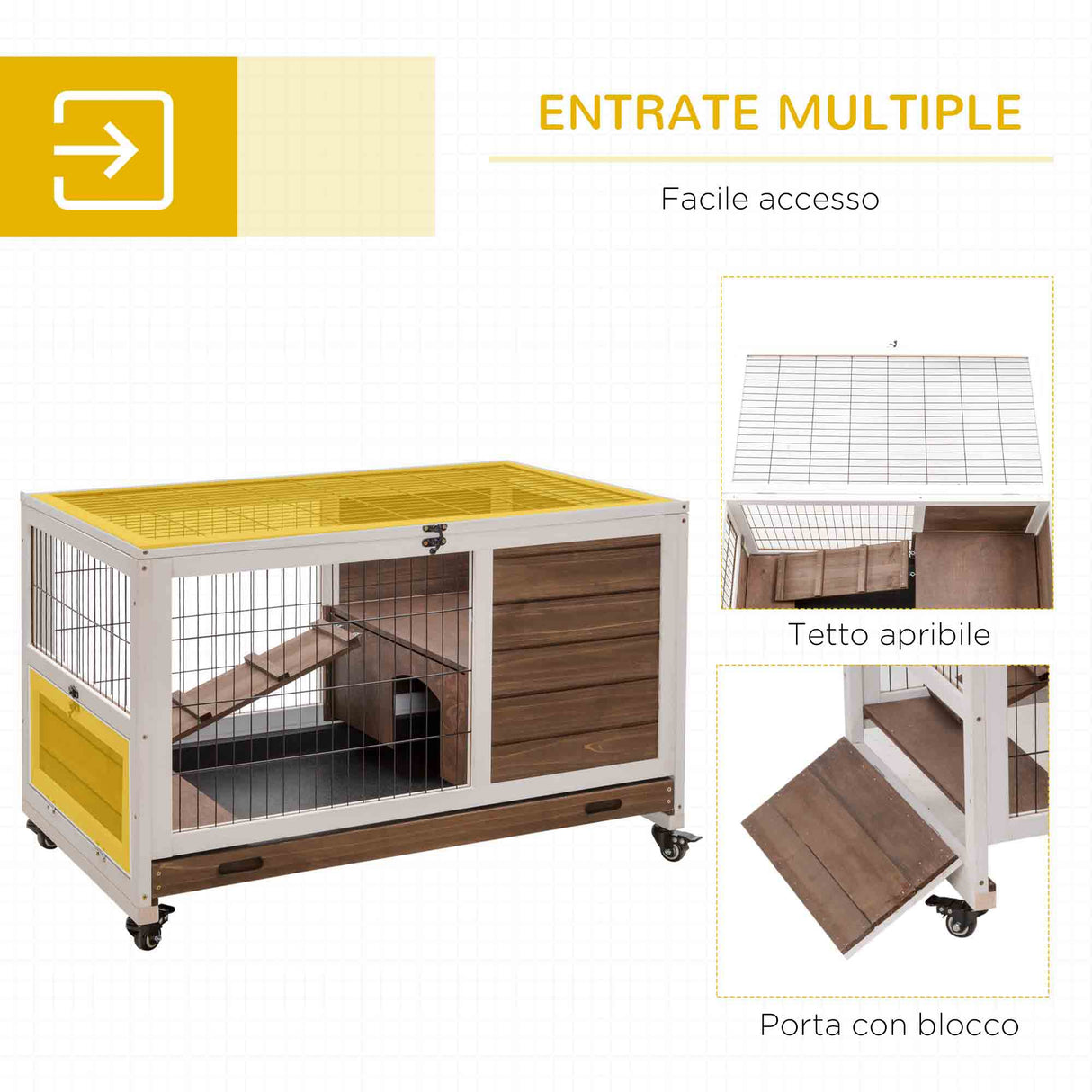 easycomfort easycomfort conigliera in legno con 4 ruote casetta per conigli e rampa 90x53x59cm marrone