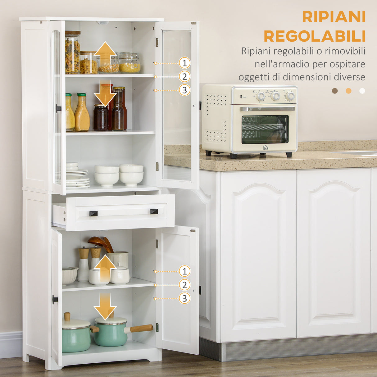 easycomfort easycomfort credenza da cucina alta con 2 armadietti e cassetto ante a vetri e ripiani regolabili 60x30x160cm bianco