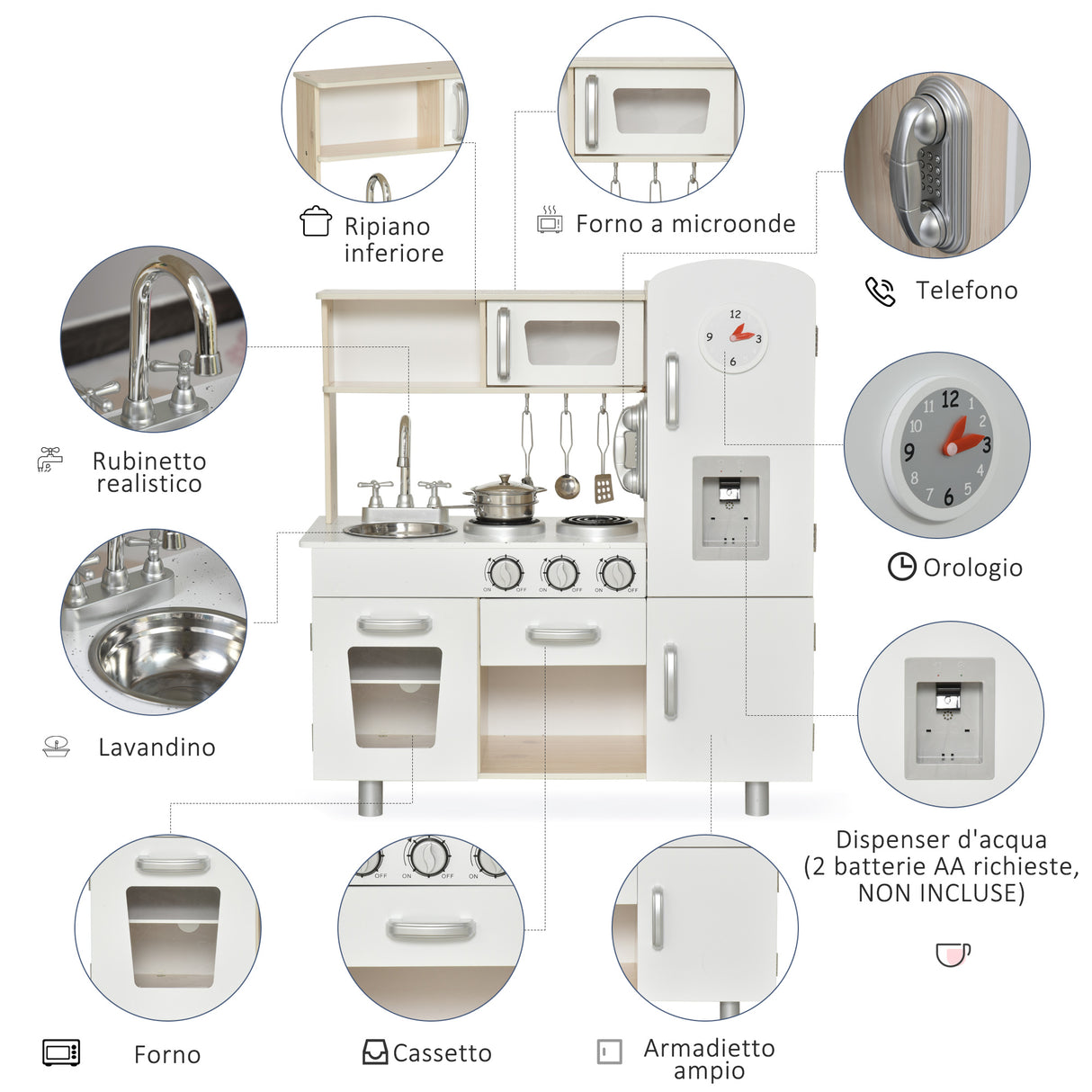 easycomfort easycomfort cucina giocattolo in legno per bambini con lavandino e fornelli pentole e utensili in acciaio 74x30x81cm bianco