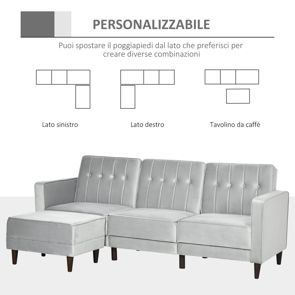 easycomfort easycomfort divano letto 3 posti con poggiapiedi e schienale reclinabile rivestimento velluto e seduta imbottita 218x85x86 cm grigio chiaro