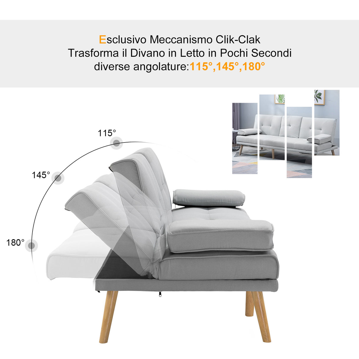easycomfort easycomfort divano letto 3 posti stile scandinavo reclinabile con tavolino a ribalta 181x77x88 cm grigio ean 8054144132129