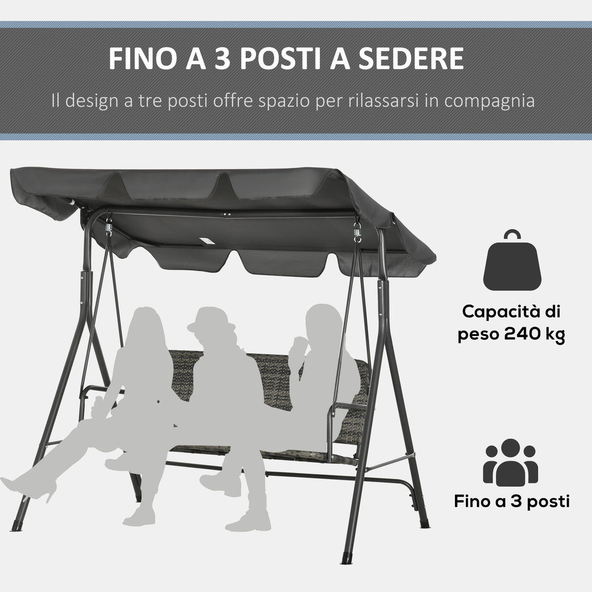 easycomfort easycomfort dondolo da giardino 3 posti con tettuccio regolabile in rattan pe 167x112x153cm grigio scuro