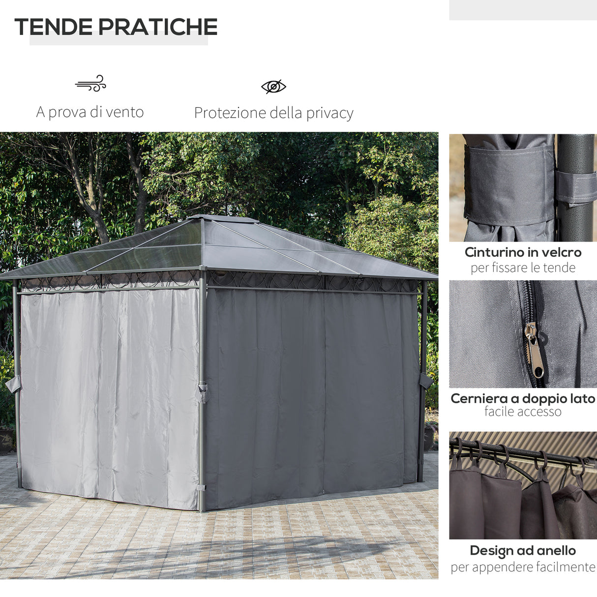 easycomfort easycomfort gazebo da giardino 3 6x3m con tetto in policarbonato anti uv e tende grigio