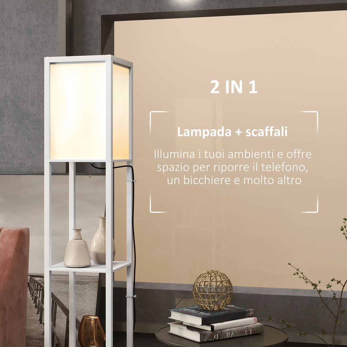easycomfort easycomfort lampada da terra moderna con 2 paralumi e 2 ripiani per lampadine e27 max 40w 26x26x156 cm bianco