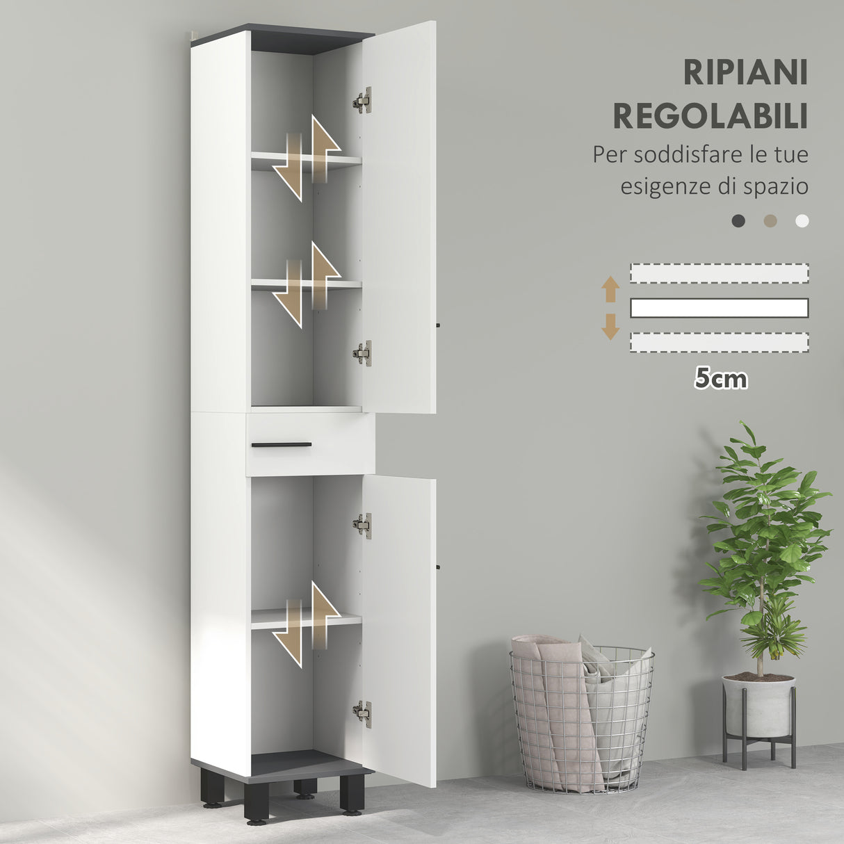 easycomfort easycomfort mobile colonna bagno con 2 armadietti con ripiani regolabili e cassetto 34x32x190 cm bianco