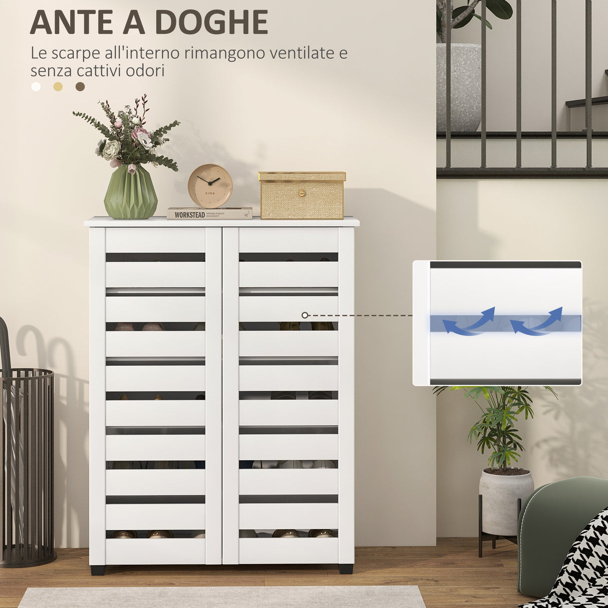 easycomfort easycomfort mobile scarpiera a 5 livelli con 4 ripiani regolabili e ante a doghe in legno 76x33px98 cm bianco