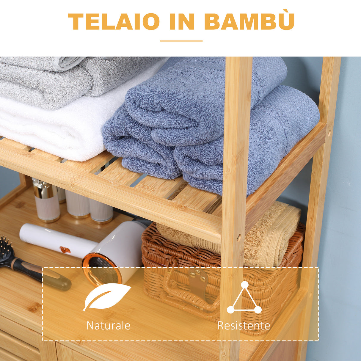 easycomfort easycomfort mobiletto bagno con 2 ripiani aperti e armadietto a 2 ante in bambu 60x30x120cm