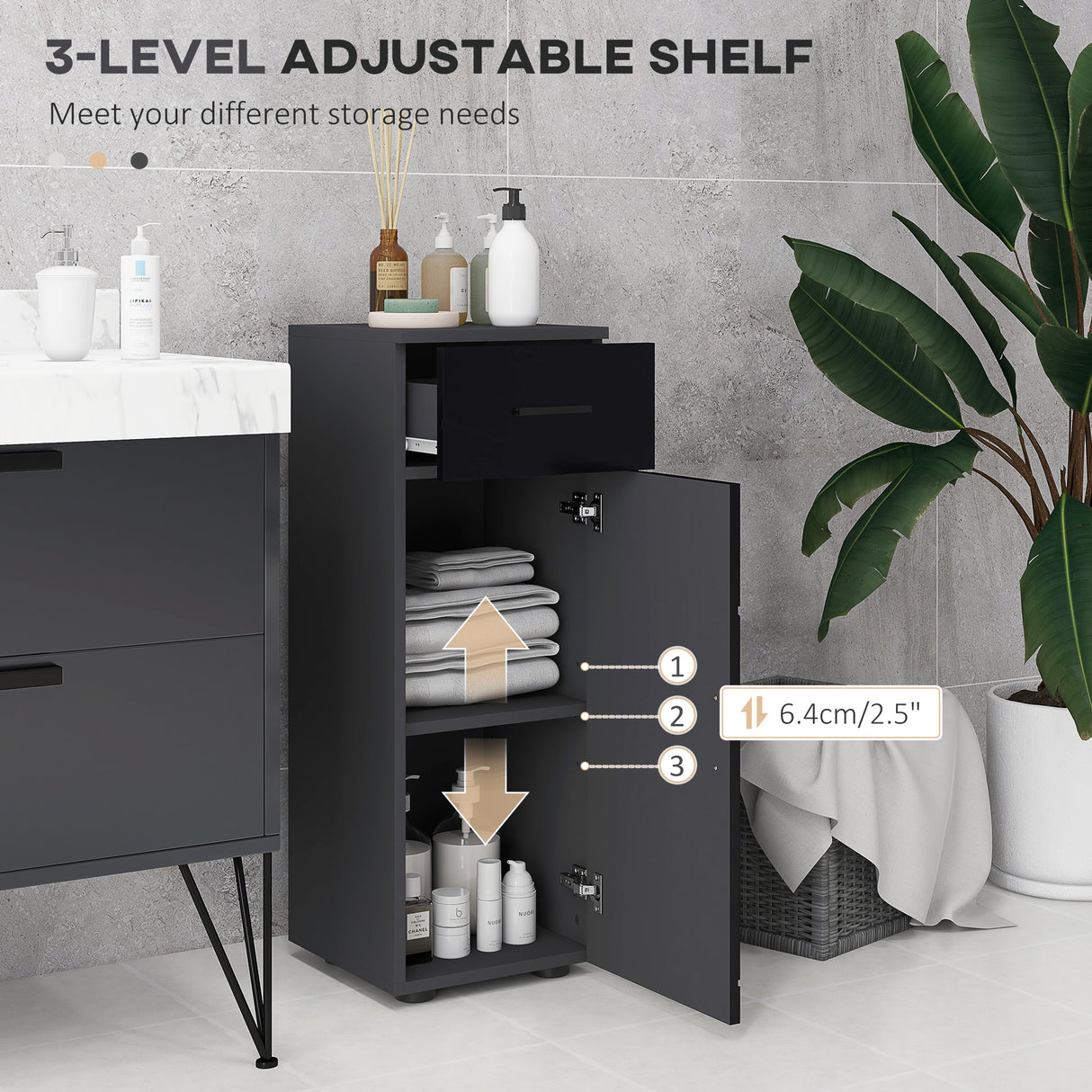 easycomfort easycomfort mobiletto bagno in truciolato con cassetto e armadietto a 2 livelli regolabili 30x30x82 cm nero e grigio