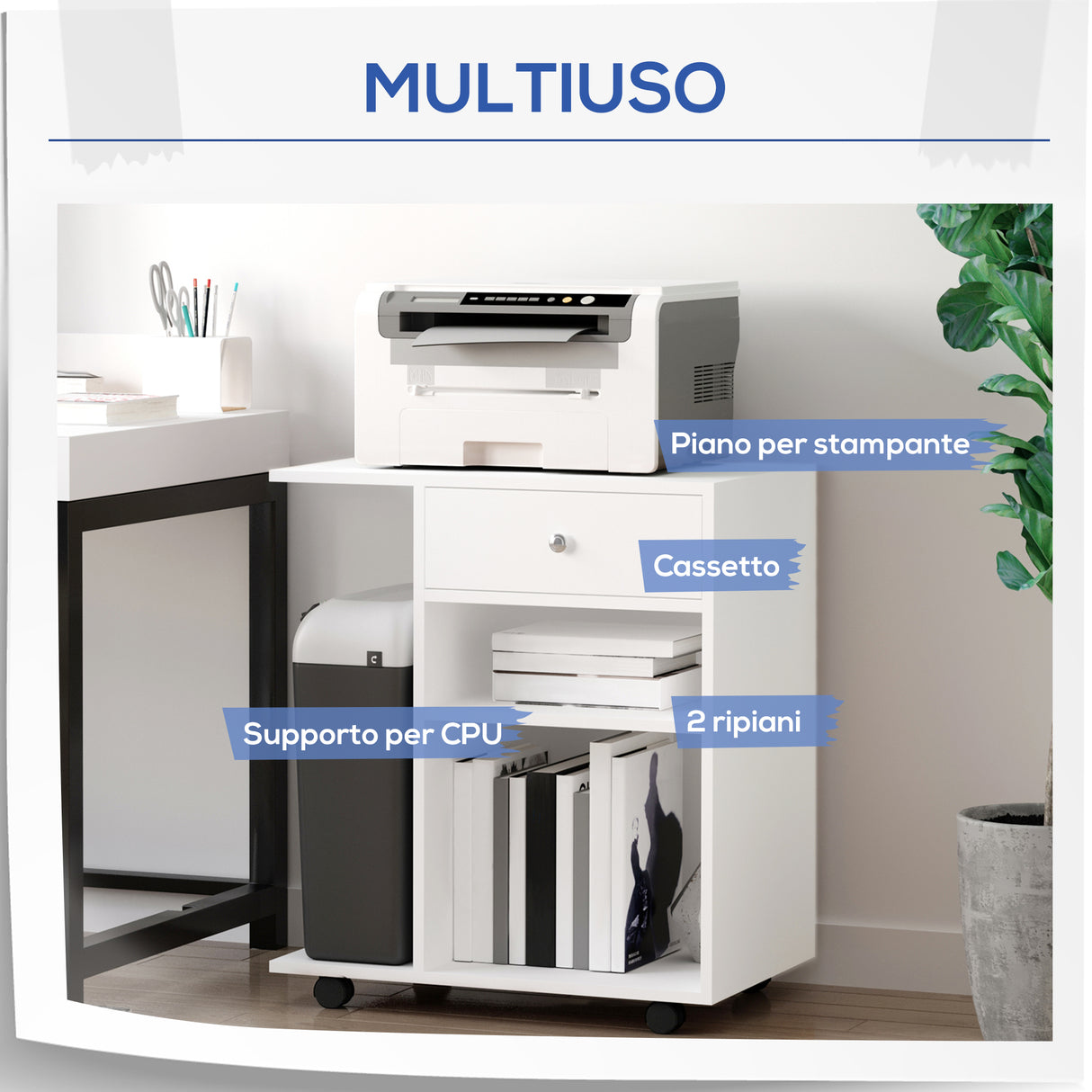 easycomfort easycomfort mobiletto per stampante in legno con 4 ruote mensola regolabile e piano per cpu bianco