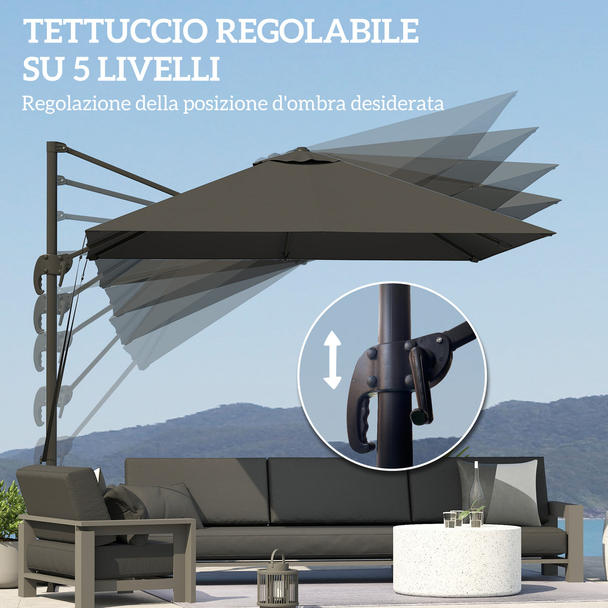 easycomfort easycomfort ombrellone da giardino 2 5x2 5 m a braccio girevole a 360 con manovella e base a croce grigio scuro