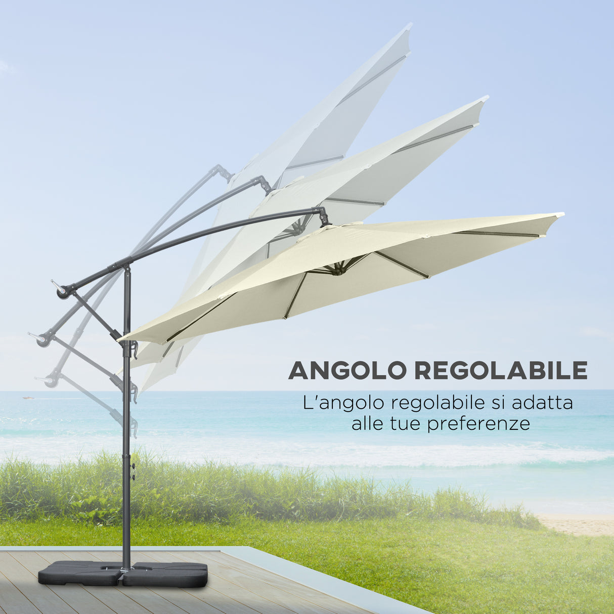 easycomfort easycomfort ombrellone decentrato a 6 stecche con manovella e base a croce in metallo e poliestere 292x247 cm beige