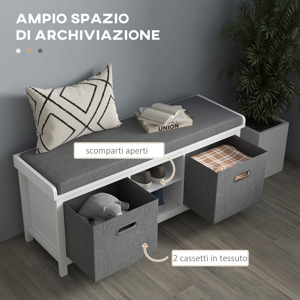 easycomfort easycomfort panca scarpiera con ripiano regolabile a 3 livelli e 2 cassetti in truciolato 105x35x47 cm bianca e grigia