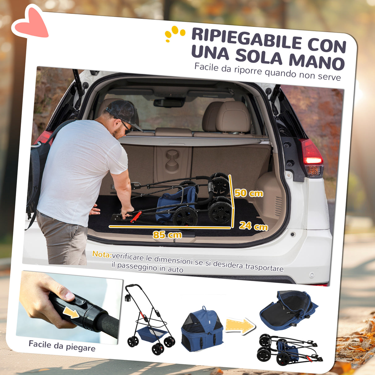 easycomfort easycomfort passeggino per cani 3 in 1 pieghevole con borsa trasportino e cestino inferiore blu