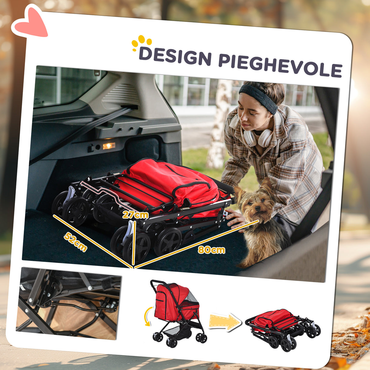 easycomfort easycomfort passeggino per cani piccoli pieghevole con maniglione girevole e ruote con freni 76 5x52x95cm rosso
