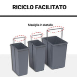 easycomfort easycomfort pattumiera estraibile con 3 contenitori per raccolta differenziata capacita totale 40l 48x34 2x41 8cm grigio