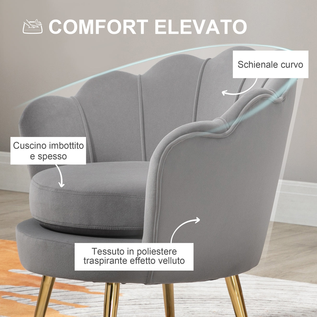 easycomfort easycomfort poltrona a conchiglia poltroncina vintage poltroncina da camera e salotto design elegante con schienale alto 76x67x74cm grigio