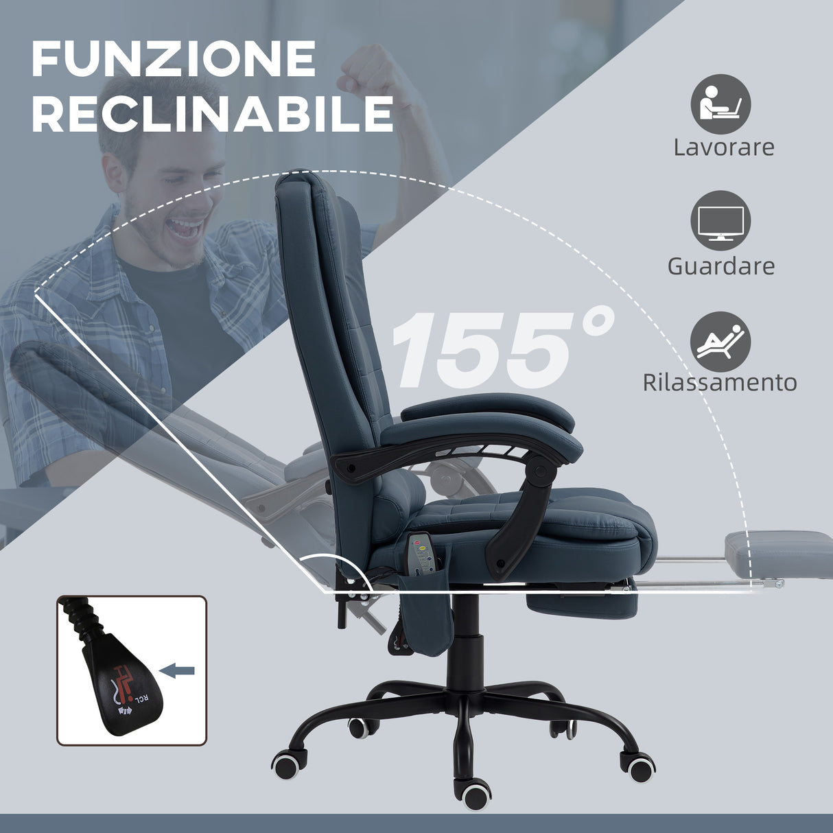 easycomfort easycomfort poltrona da ufficio con 7 punti massaggianti e poggiapiedi in pelle pu e acciaio 67x67x111 121 cm blu