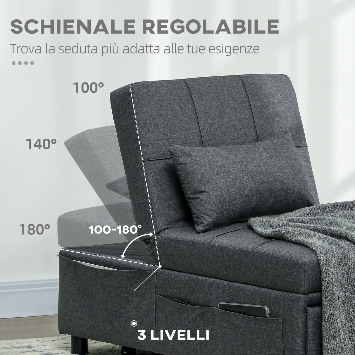 easycomfort easycomfort poltrona letto singolo 3 in 1 reclinabile a 3 livelli con cuscino in tessuto effetto lino 65 5x104x81 cm grigio