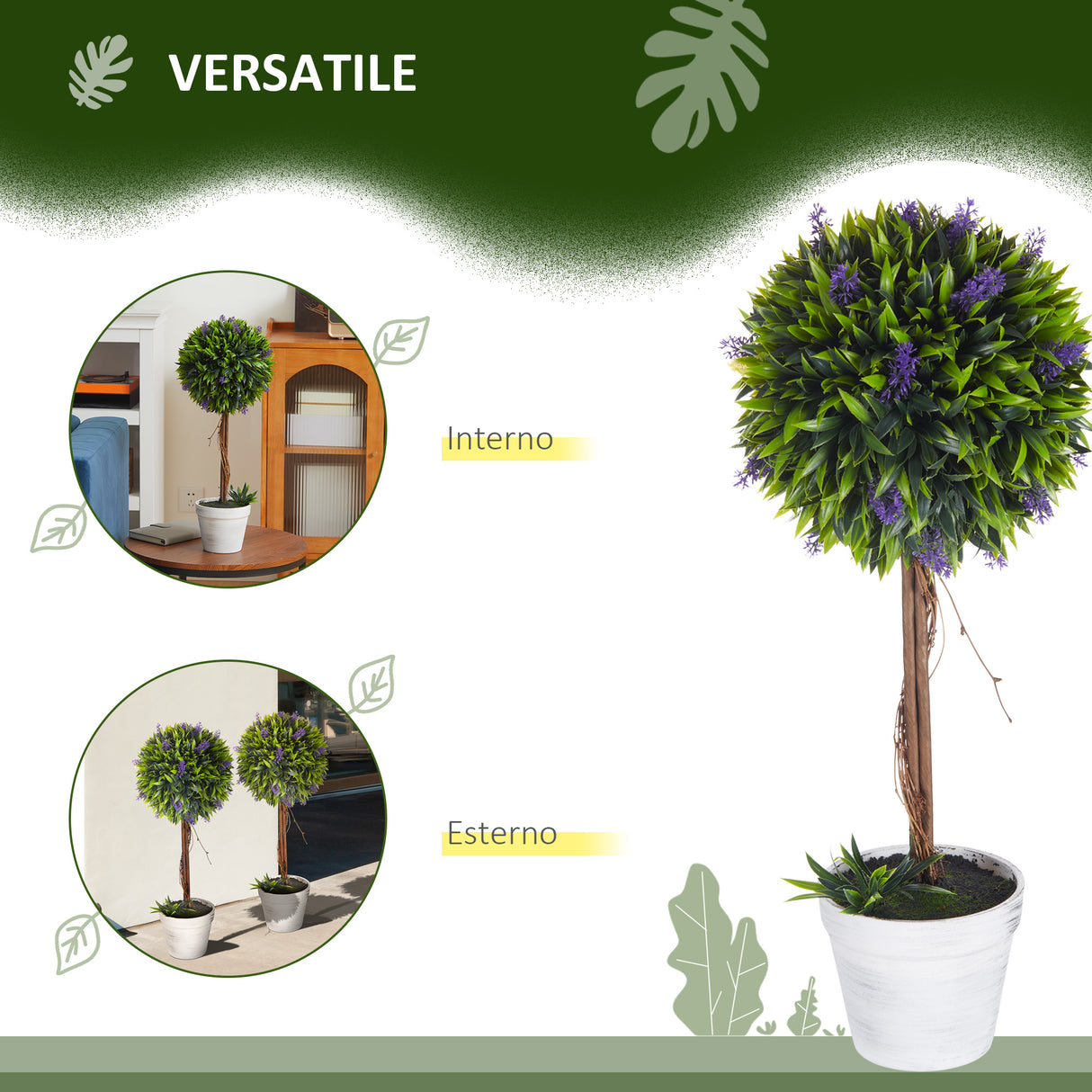 easycomfort easycomfort set 2 piante artificiali verdi a sfera con fiori di lavanda e vaso con muschio e cemento 24x60 cm