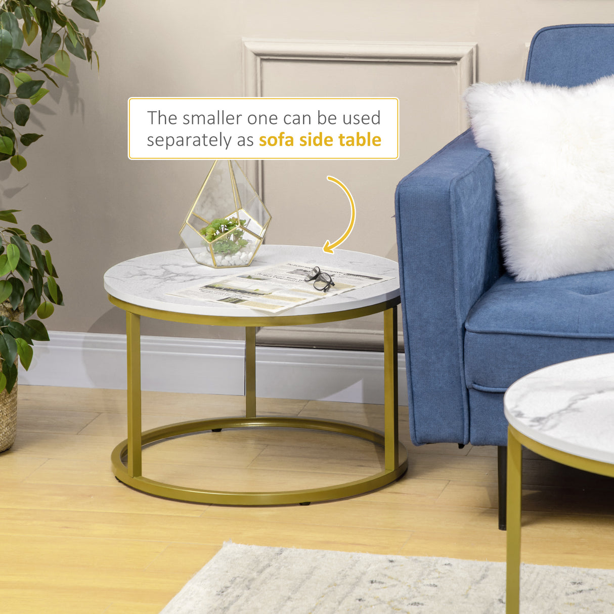easycomfort easycomfort set 2 tavolini da salotto rotondi e impilabili in acciaio e truciolato 74x46 3 cm e 59x38 5 cm bianco e oro