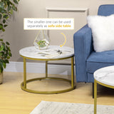 easycomfort easycomfort set 2 tavolini da salotto rotondi e impilabili in acciaio e truciolato 74x46 3 cm e 59x38 5 cm bianco e oro