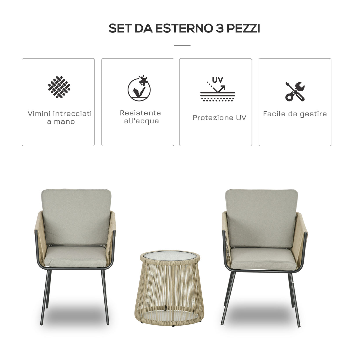 easycomfort easycomfort set da esterno con tavolino in vetro e 2 sedie da giardino in rattan stile boho caffe