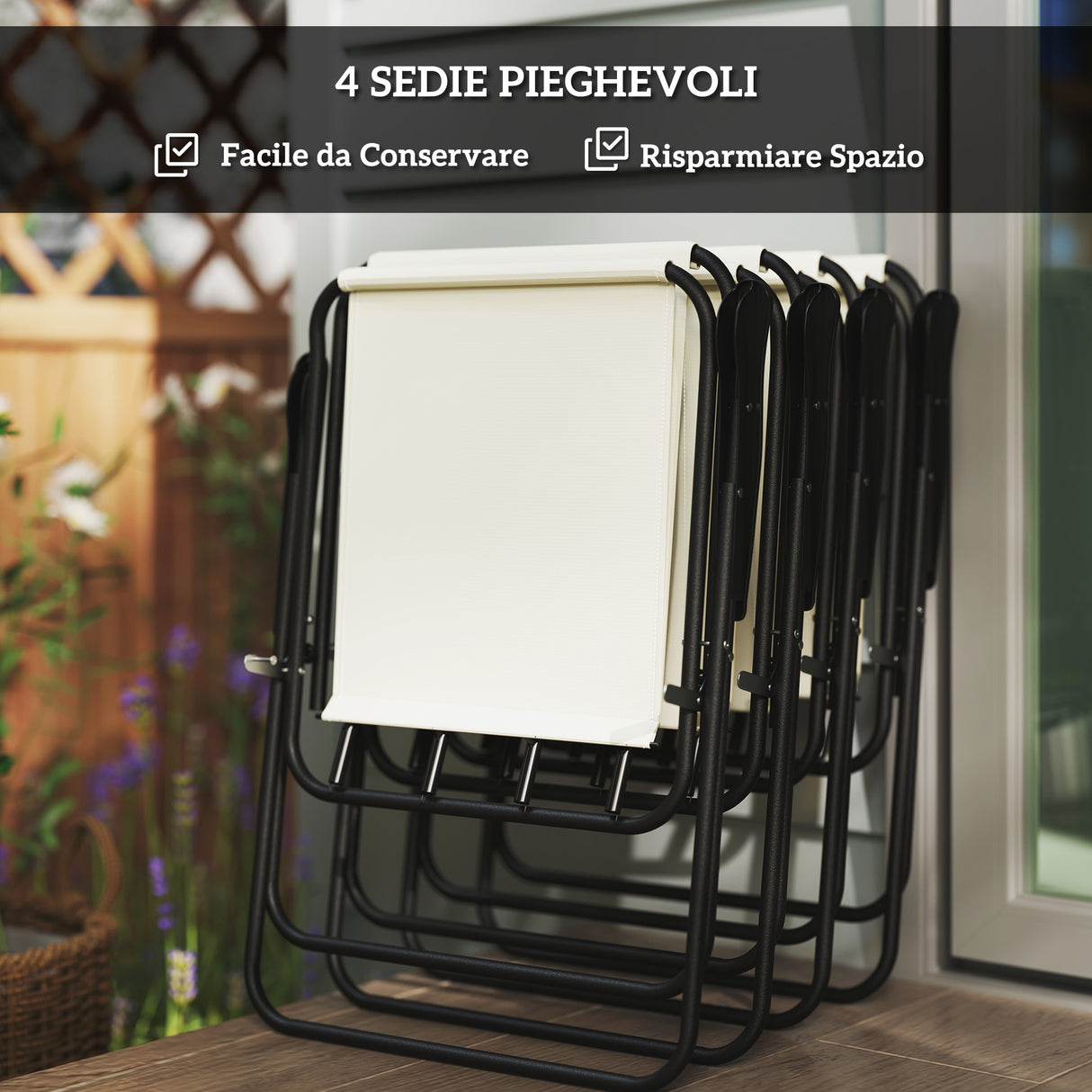 easycomfort easycomfort set da giardino 6 pezzi in acciaio con 4 sedie pieghevoli ombrellone e tavolo rotondo crema grigio e nero