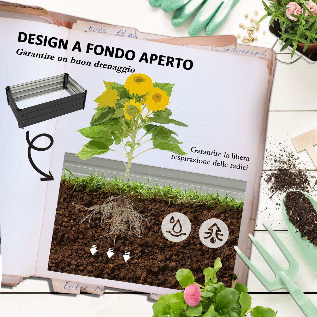 easycomfort easycomfort set di 2 letti per orto rialzato con fondo aperto in acciaio galvanizzato 100x60x30cm grigio